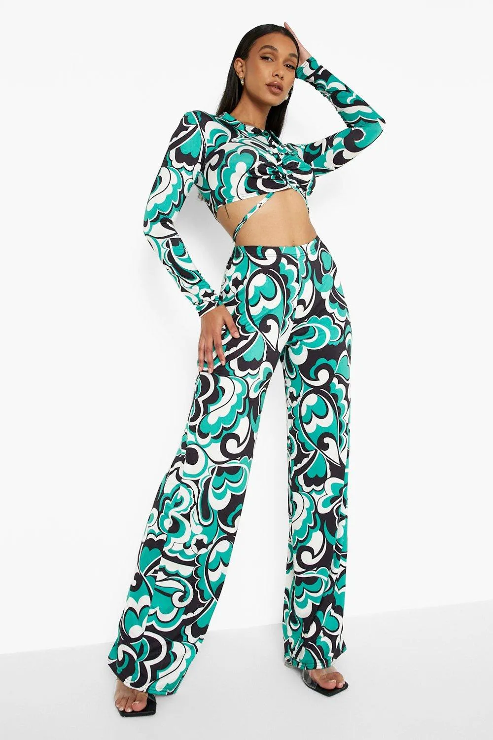 Abstract Ruched Shirt And Wide Leg Pants