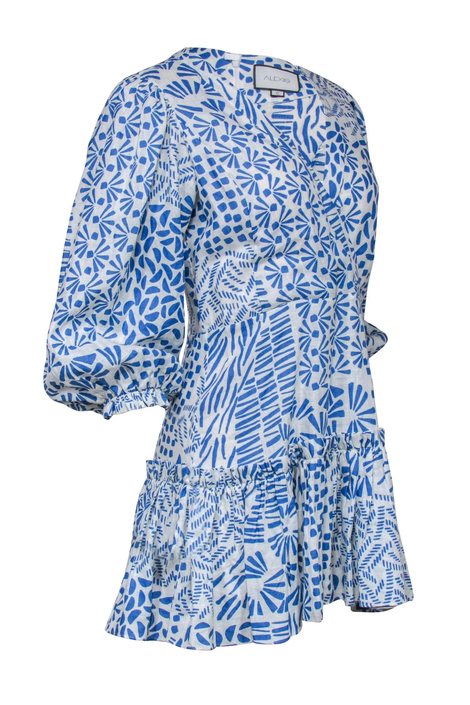 Alexis - Blue & White Print Wrap Bodice Dress Sz S