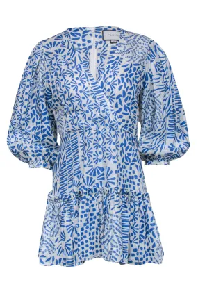 Alexis - Blue & White Print Wrap Bodice Dress Sz S