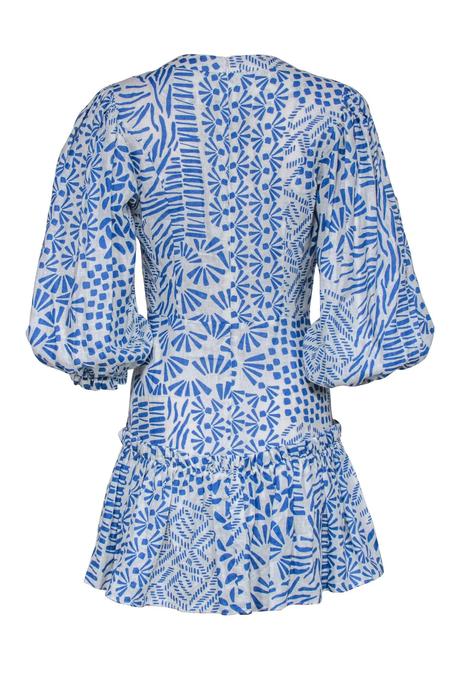 Alexis - Blue & White Print Wrap Bodice Dress Sz S