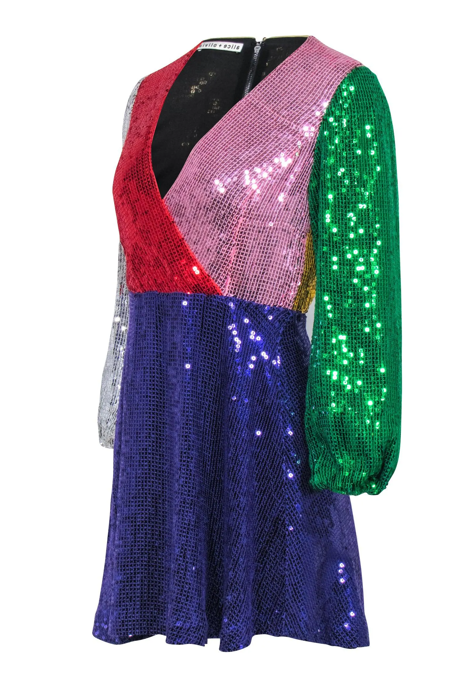 Alice & Olivia - Color Block Sequin Faux Wrap Dress Sz 4