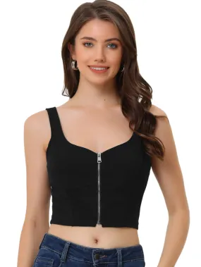 Allegra K- Sleeveless Strap Zip Up Tank Crop Top