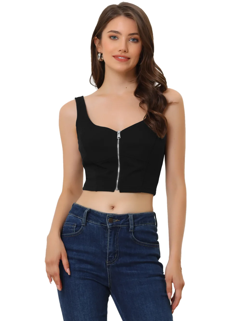 Allegra K- Sleeveless Strap Zip Up Tank Crop Top