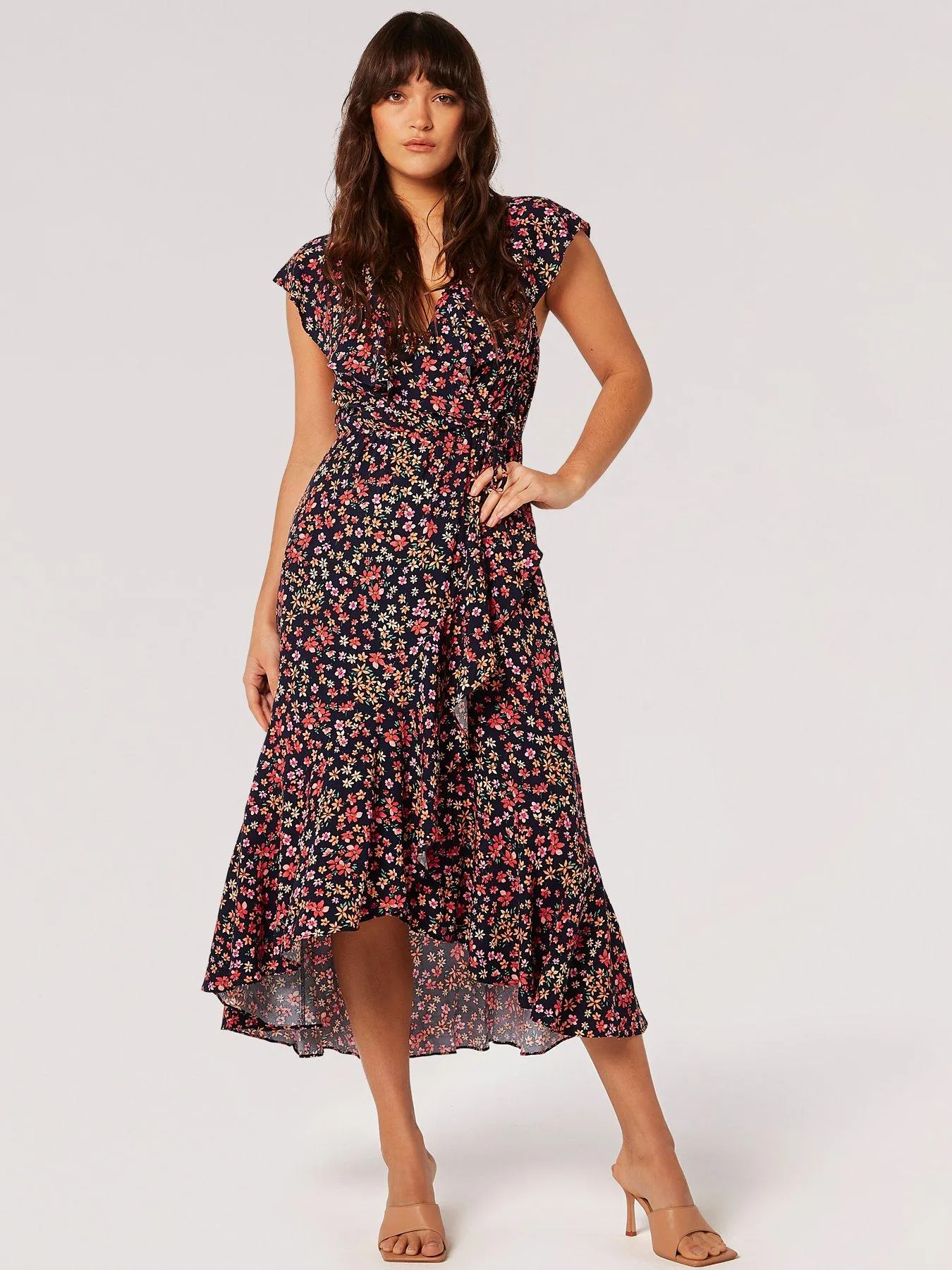 Apricot Spaced Ditsy Ruffle Wrap Dress