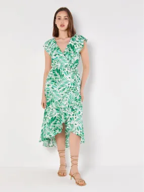 Apricot Tropical Leaf Ruffle Wrap Dress