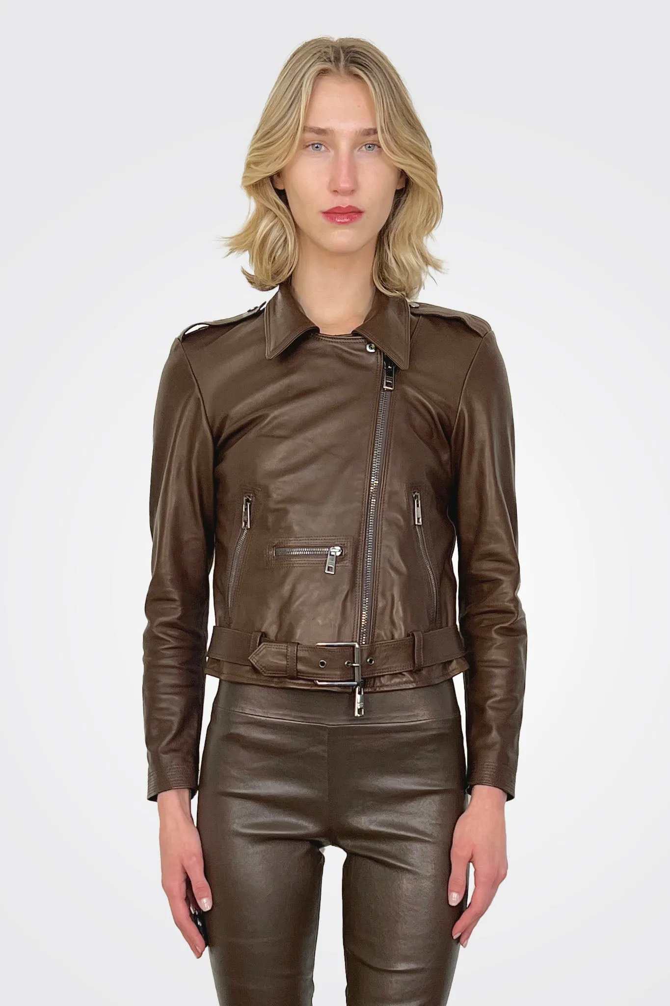 Asym Moto Leather Jacket - Mud Brown