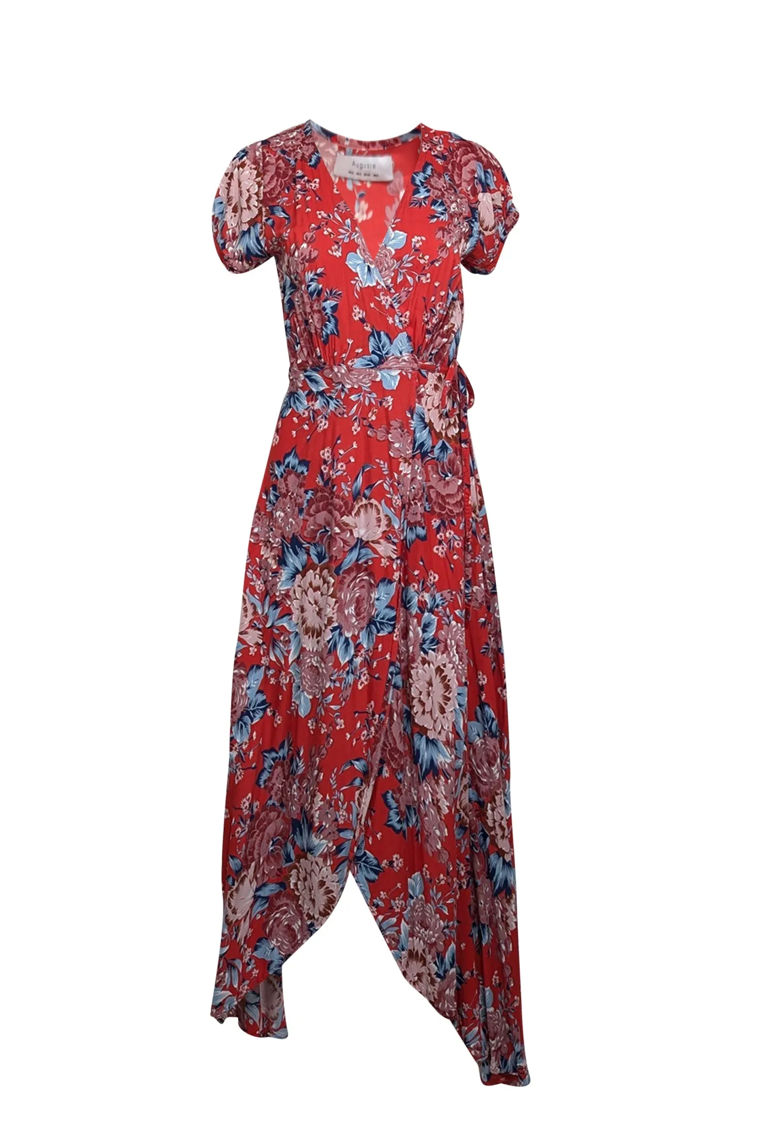 Auguste - Red w/ BLue & Pink Floral Print Maxi Wrap Dress Sz 2