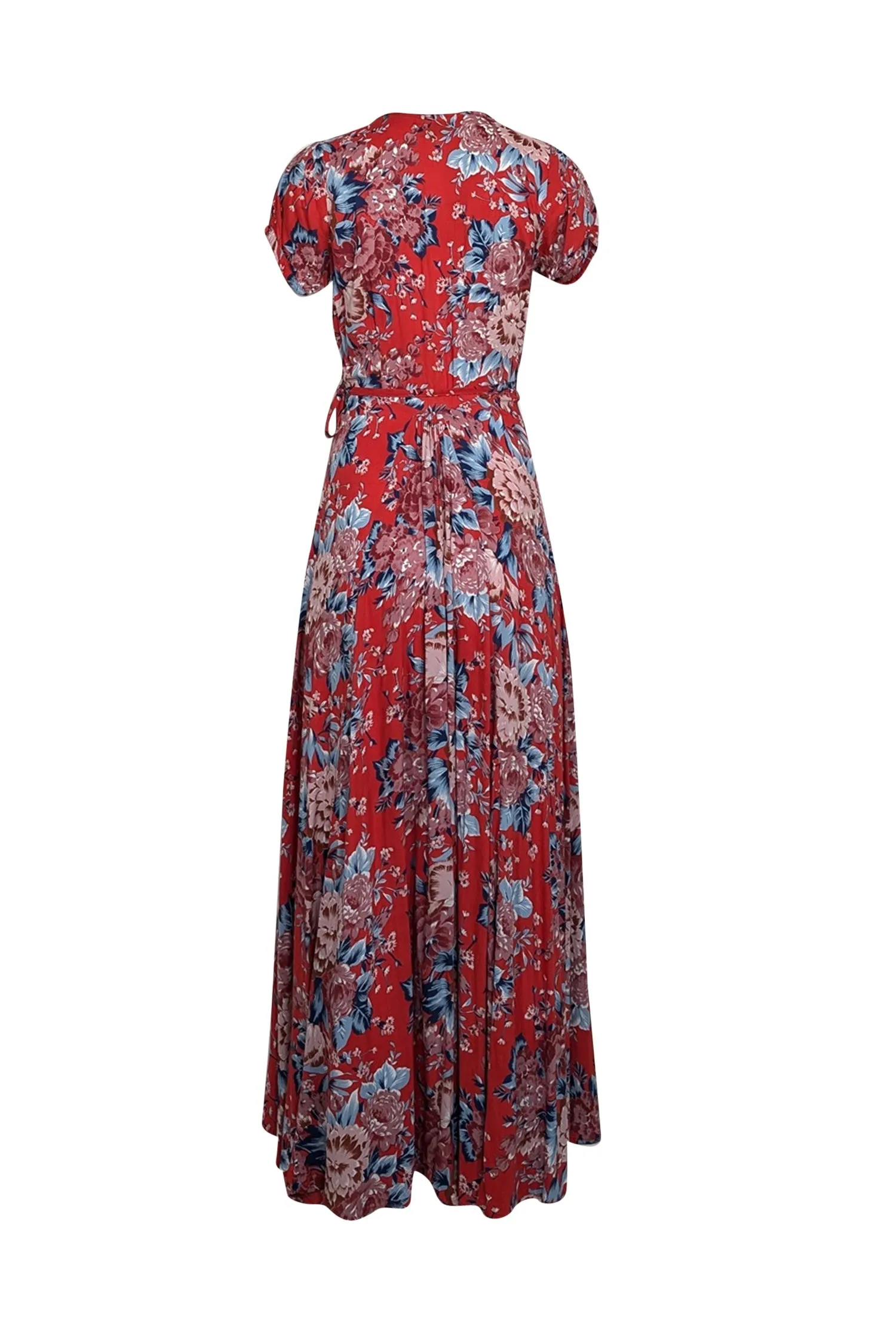 Auguste - Red w/ BLue & Pink Floral Print Maxi Wrap Dress Sz 2