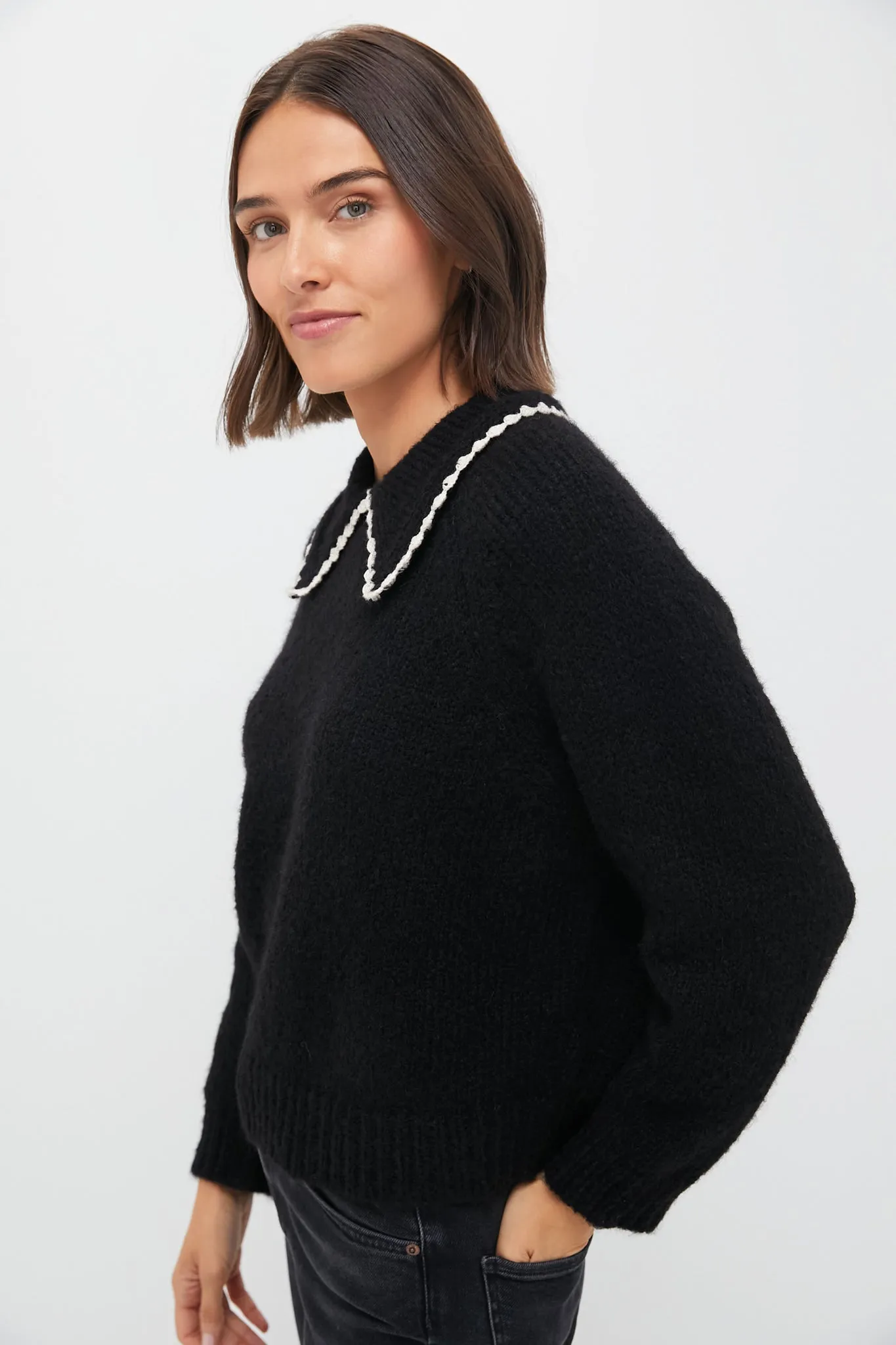 Black with Soft White The Crochet Collar Pullover