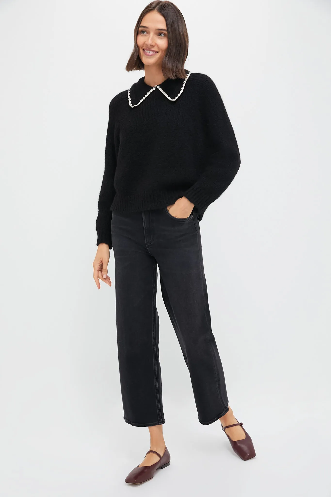 Black with Soft White The Crochet Collar Pullover