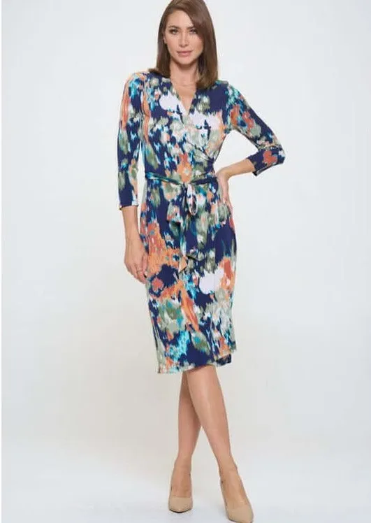 Blue Abstract Print Jersey Wrap Dress Made in USA