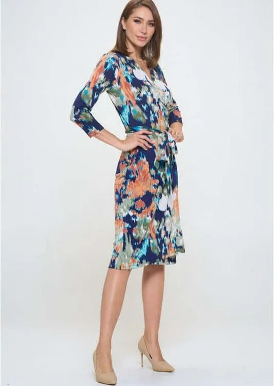 Blue Abstract Print Jersey Wrap Dress Made in USA