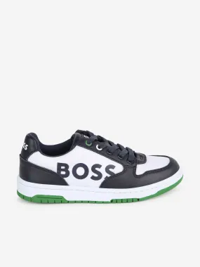 BOSS Boys Leather Logo Trainers in Navy