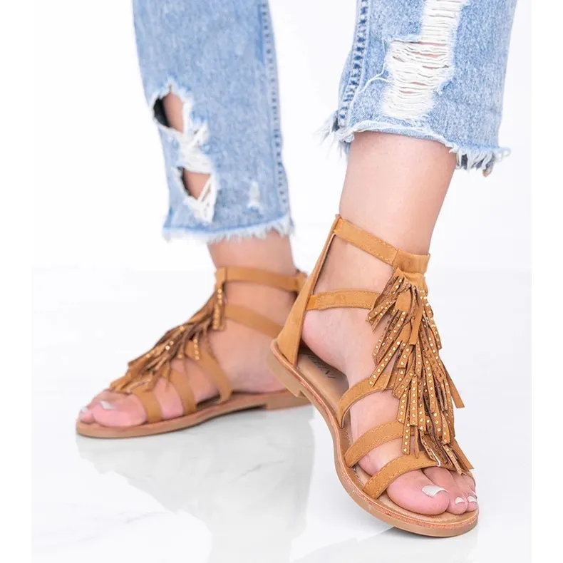 Camel sandals with Noronha fringes brown