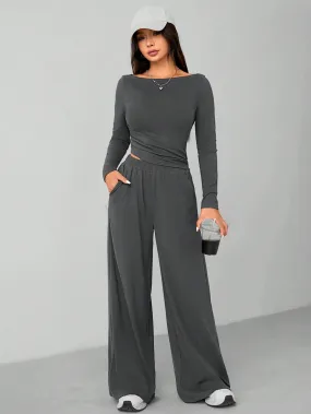 CASUAL 2PCS KNITTED SLIM TOP & WIDE LEG PANTS