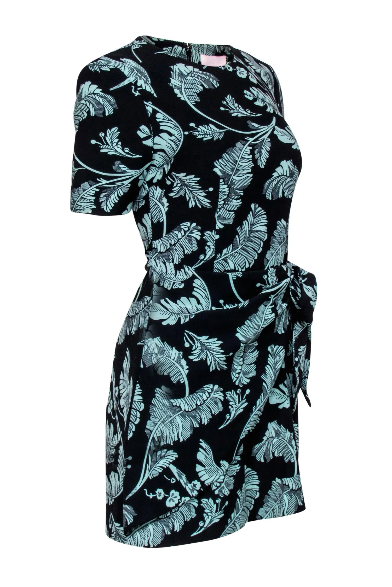 Cinq a Sept - Black & Green Leaf Print Short Sleeve Sheath Dress w/ Wrap Sz 2