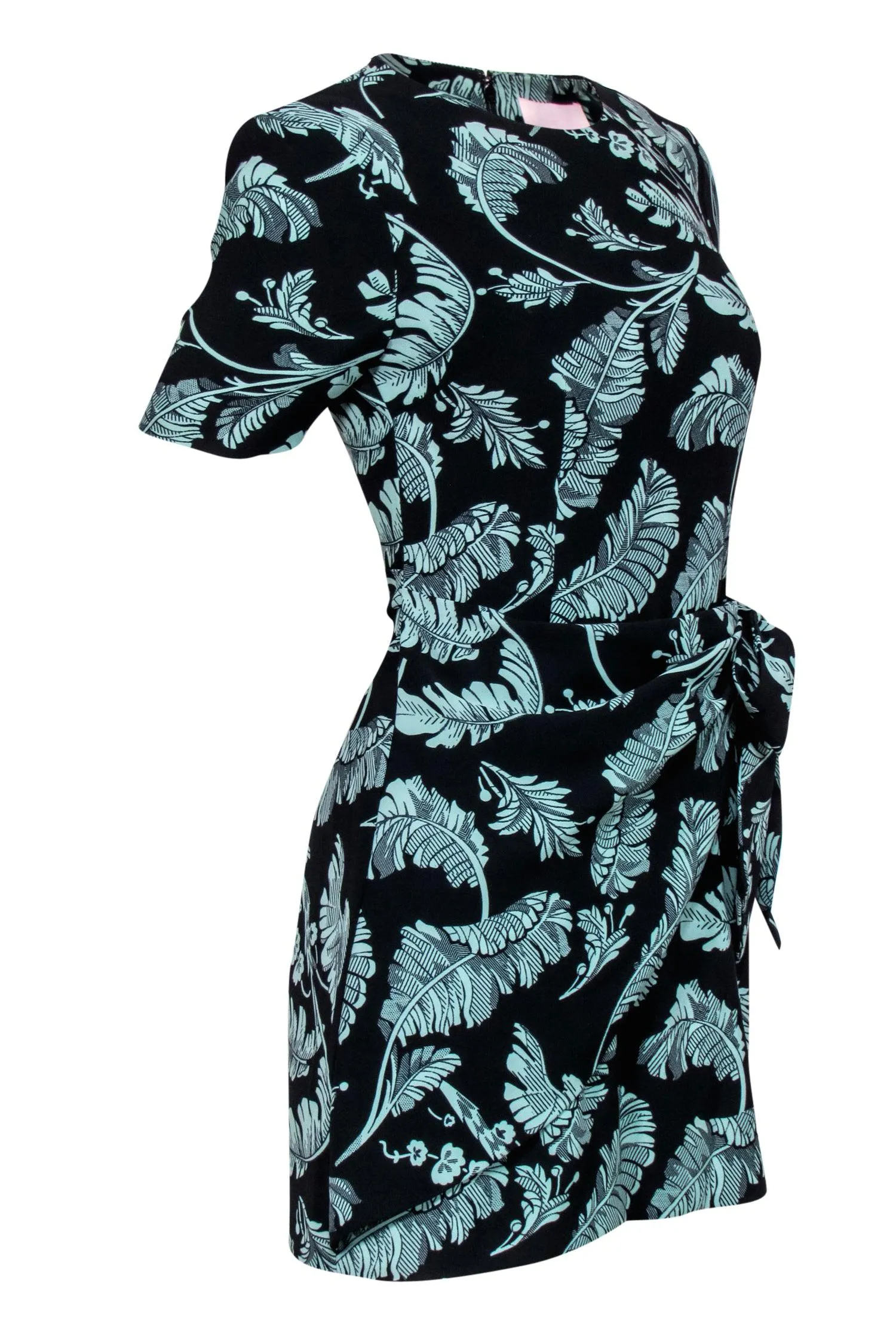 Cinq a Sept - Black & Green Leaf Print Short Sleeve Sheath Dress w/ Wrap Sz 2