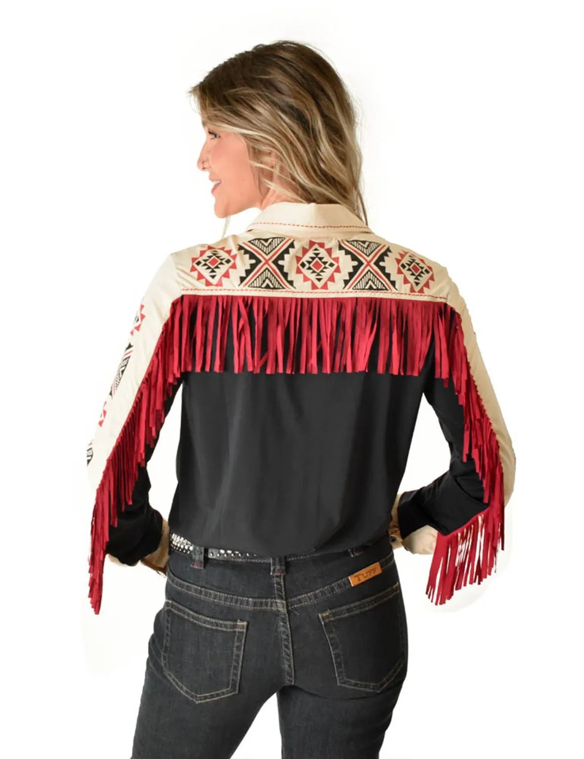 Cowgirl Tuff Womens Fringe Pullover Black/Cream Nylon L/S Shirt