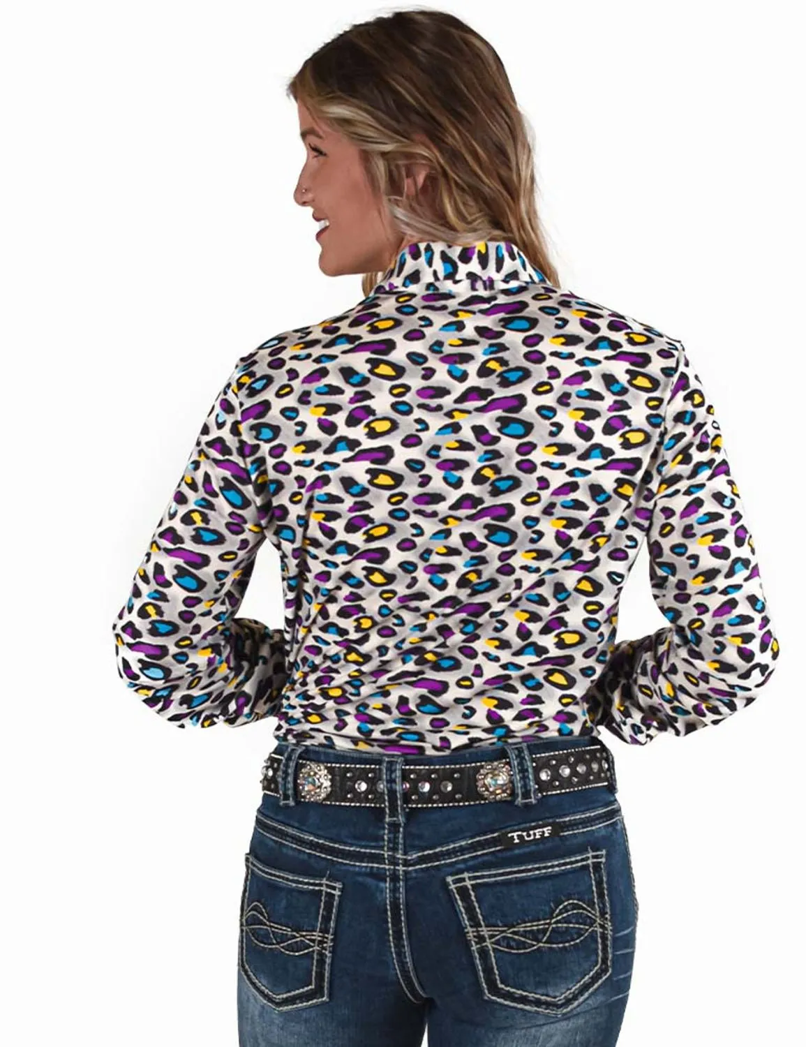 Cowgirl Tuff Womens Pullover Leopard Yellow/Turquoise Polyester L/S Shirt