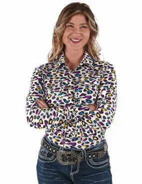 Cowgirl Tuff Womens Pullover Leopard Yellow/Turquoise Polyester L/S Shirt