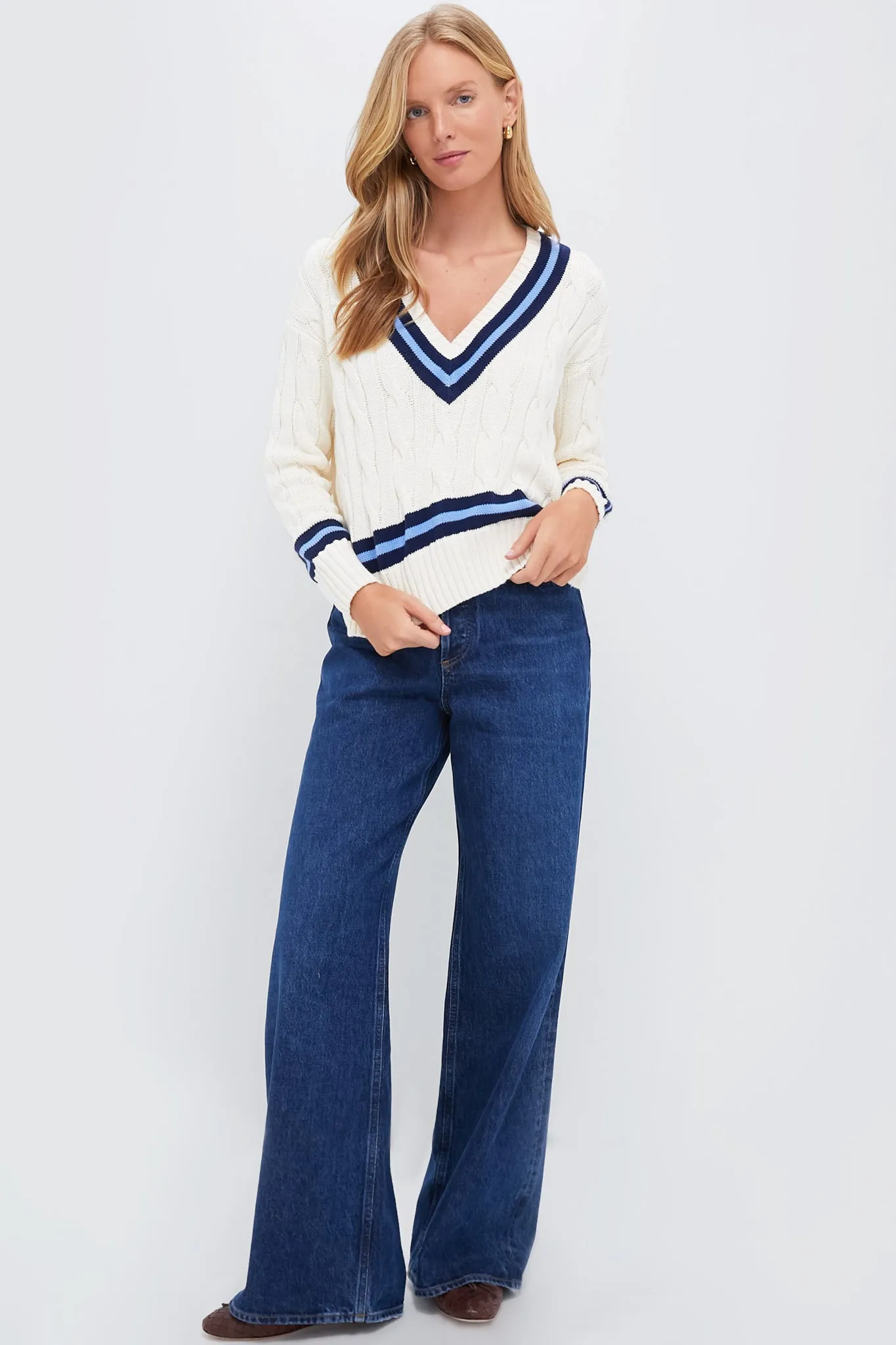 Cream with Navy Stripe Cricket Long Sleeve Pullover