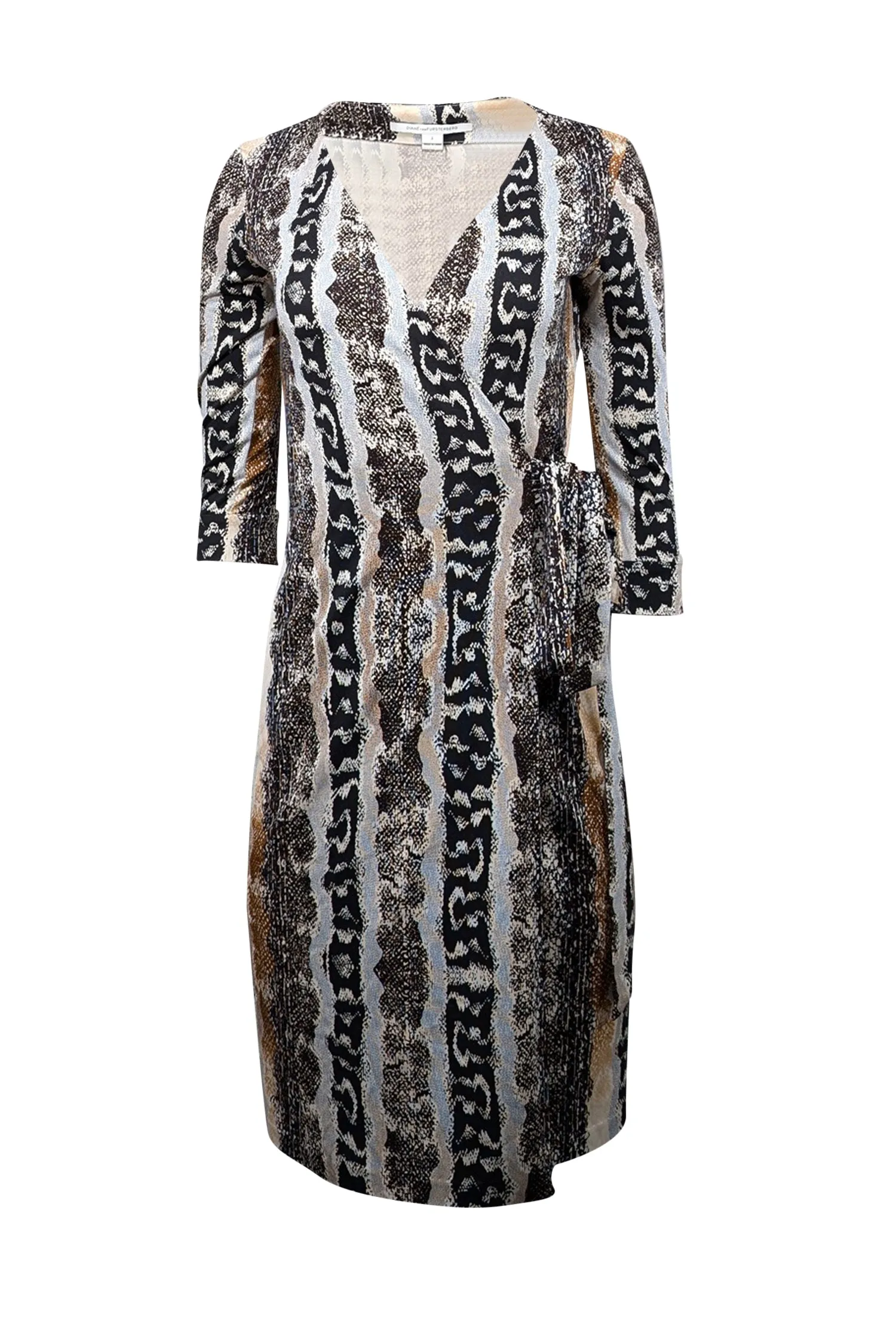 Diane von Furstenberg - Black, Brown, Blue, & White Snake Print Silk Wrap Dress Sz 2