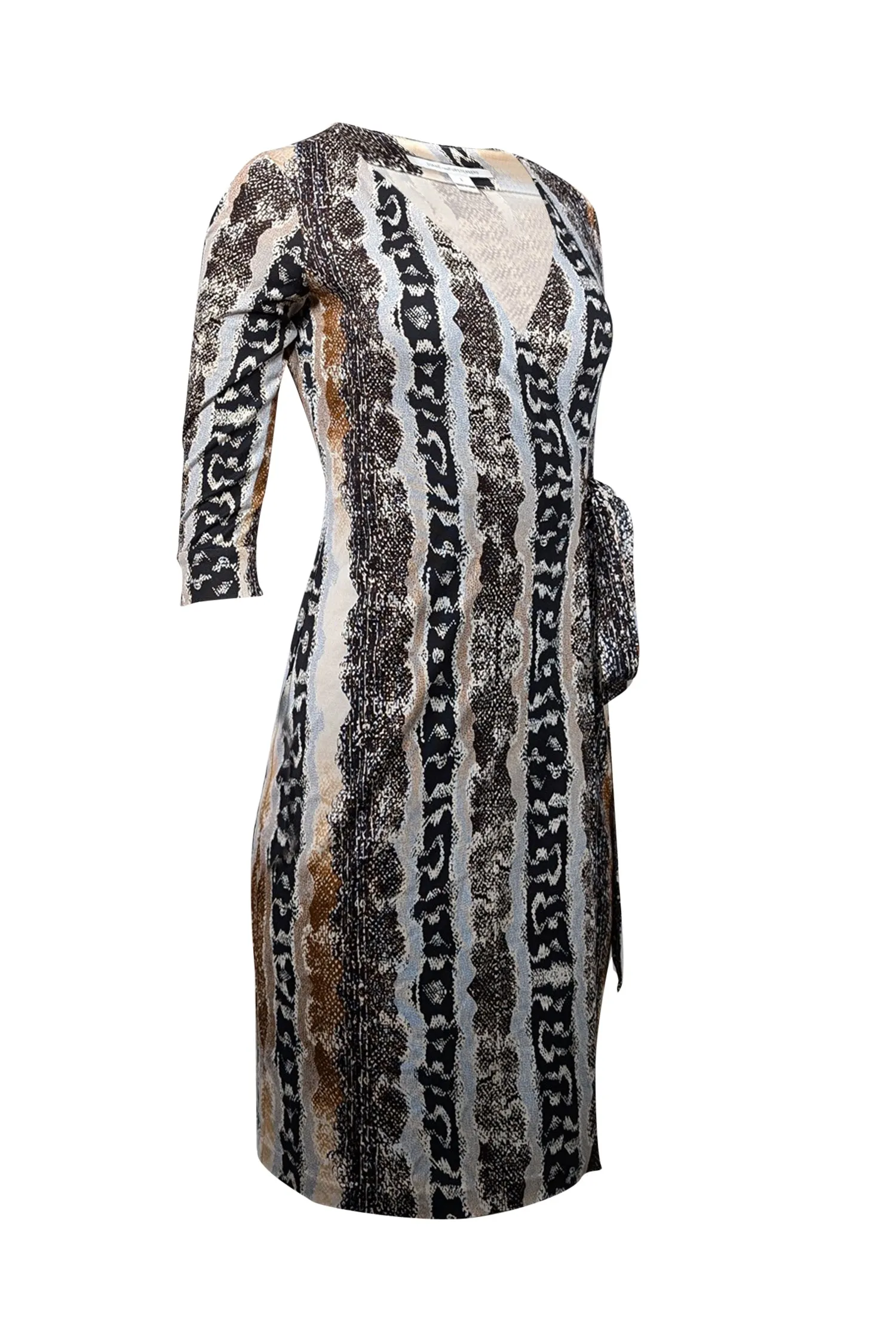 Diane von Furstenberg - Black, Brown, Blue, & White Snake Print Silk Wrap Dress Sz 2