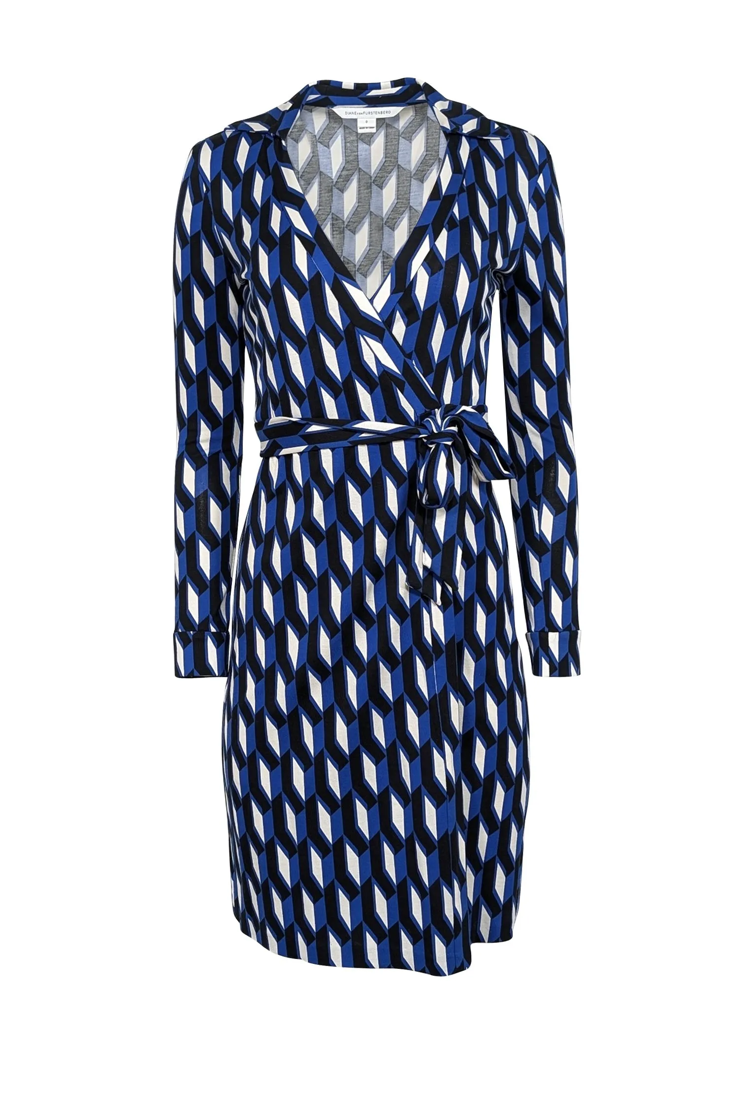 Diane von Furstenberg - Blue, White, & Black Geometric Printed Wrap Dress Sz 0