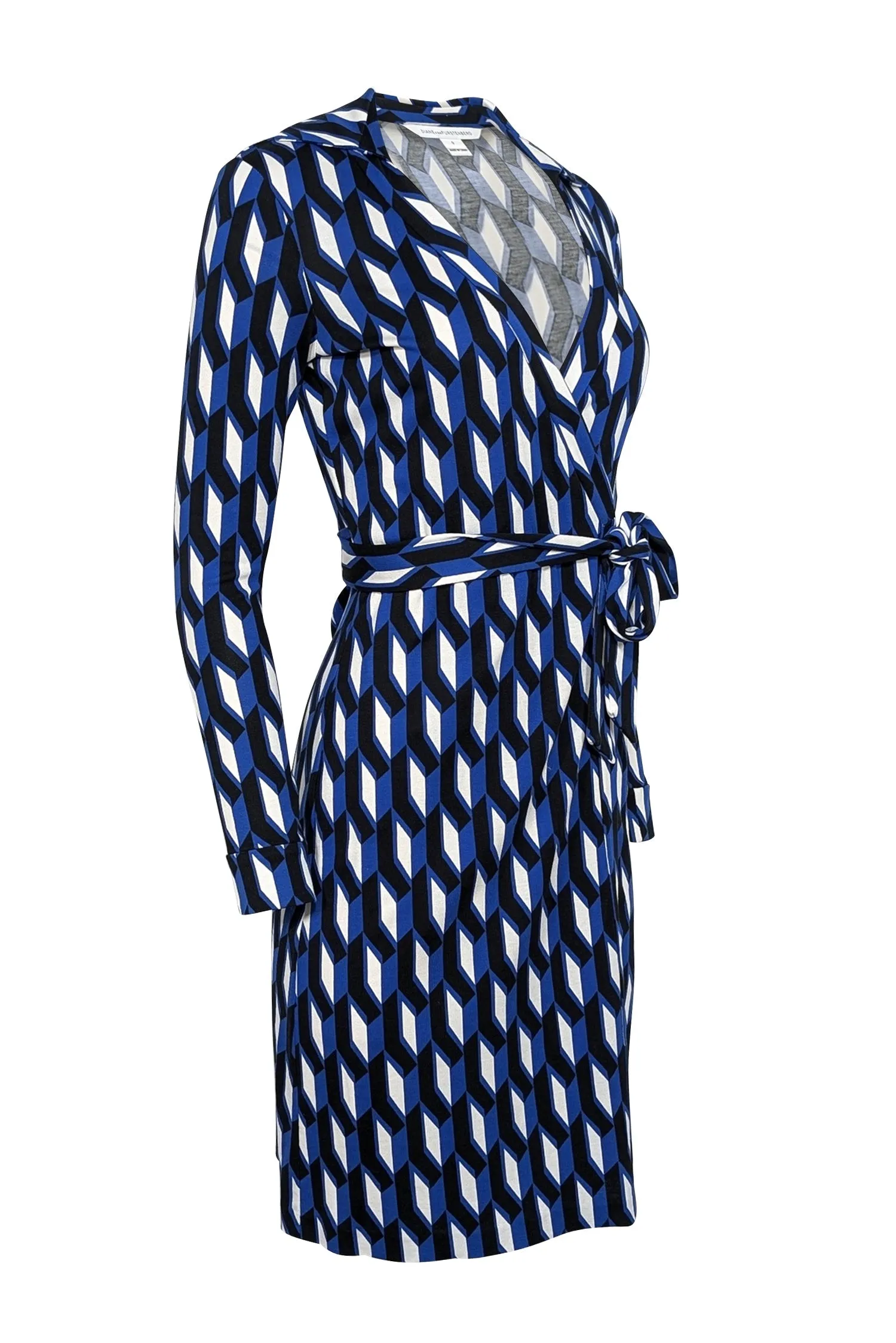 Diane von Furstenberg - Blue, White, & Black Geometric Printed Wrap Dress Sz 0