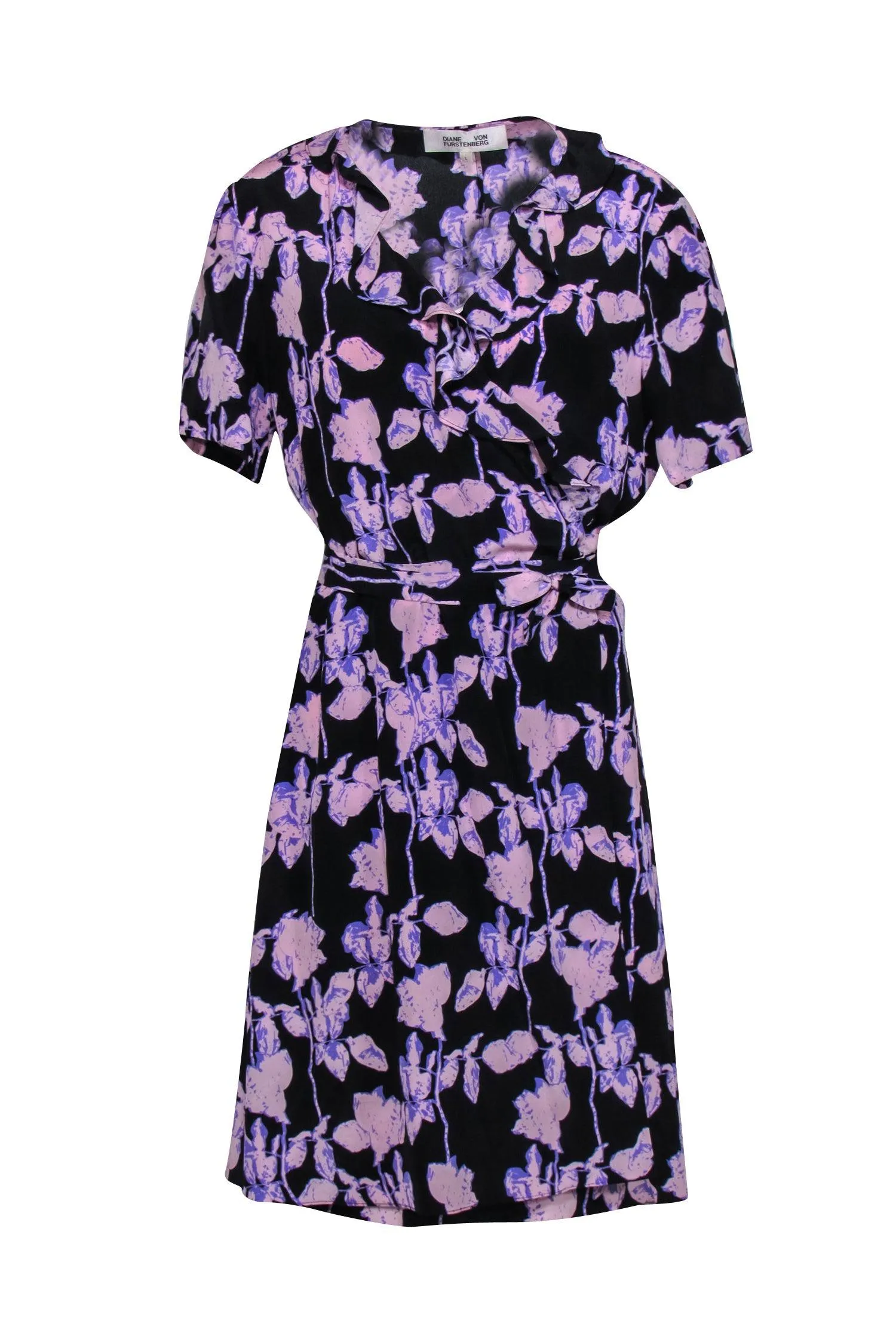 Diane von Furstenberg - Lavender & Black Silk Floral Wrap Dress w/ Ruffles Details Sz L