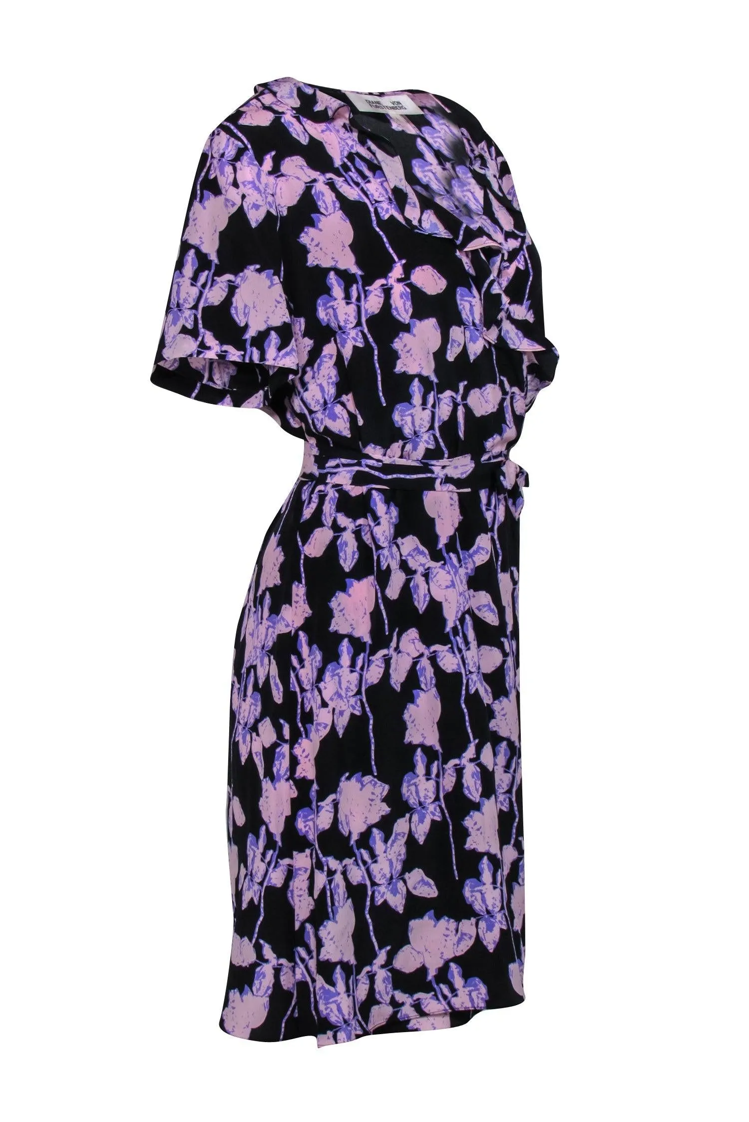 Diane von Furstenberg - Lavender & Black Silk Floral Wrap Dress w/ Ruffles Details Sz L