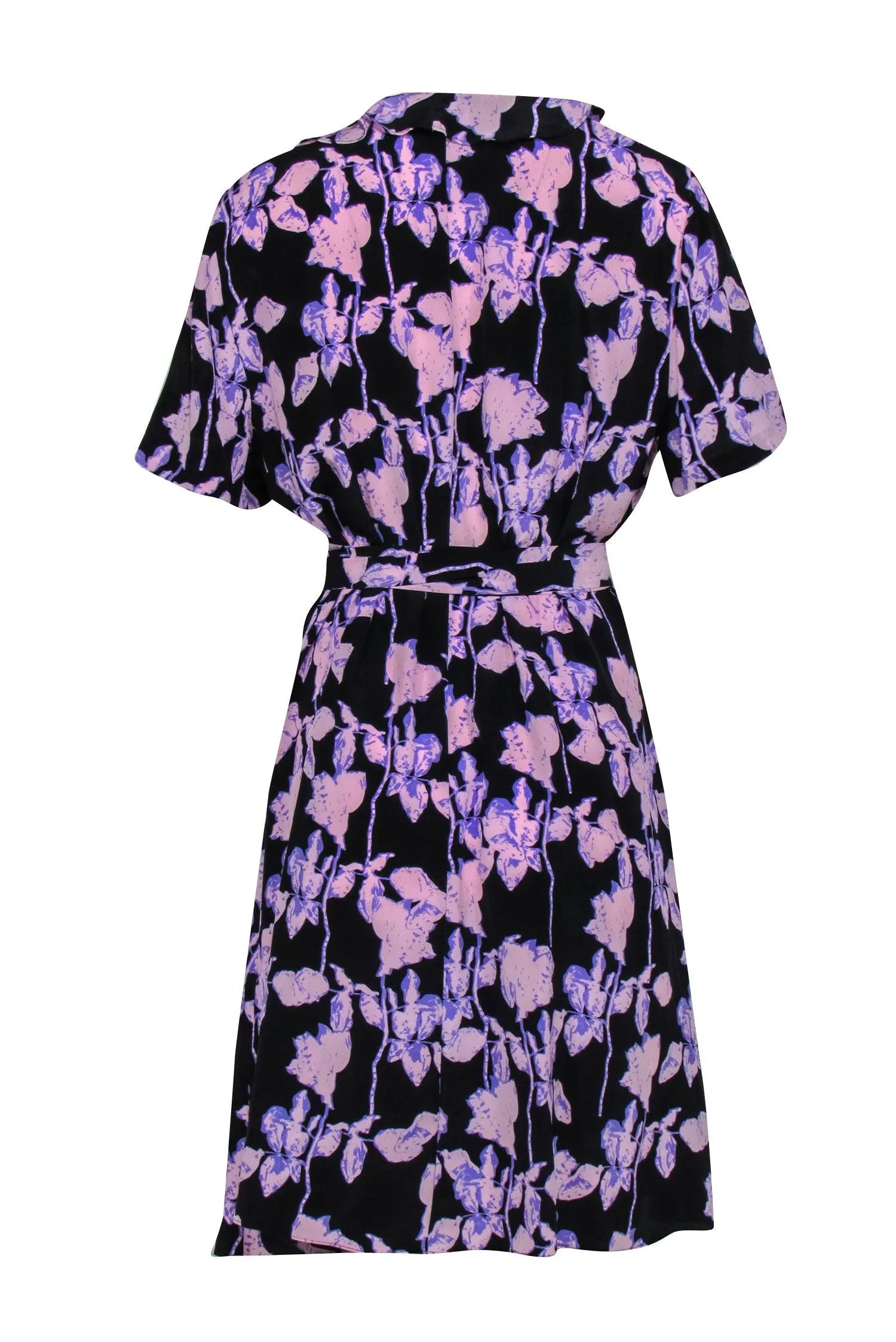 Diane von Furstenberg - Lavender & Black Silk Floral Wrap Dress w/ Ruffles Details Sz L