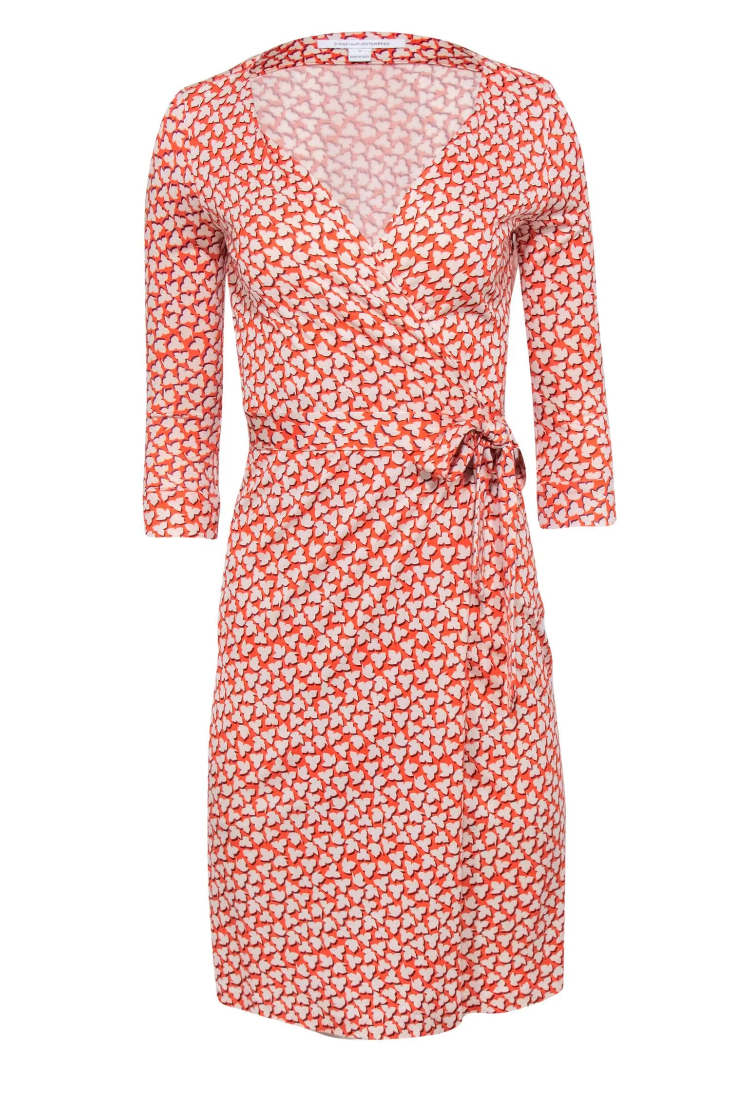 Diane von Furstenberg - Orange w/ Cream Leaf Print Wrap Dress Sz 2