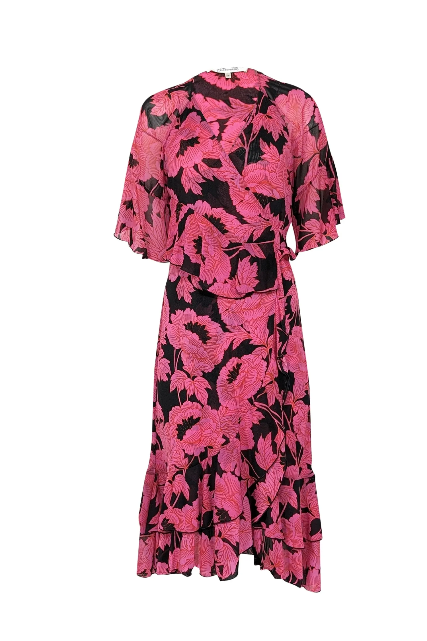 Diane von Furstenberg - Pink & Black Cropped Sleeve Floral Wrap Midi Dress Sz S