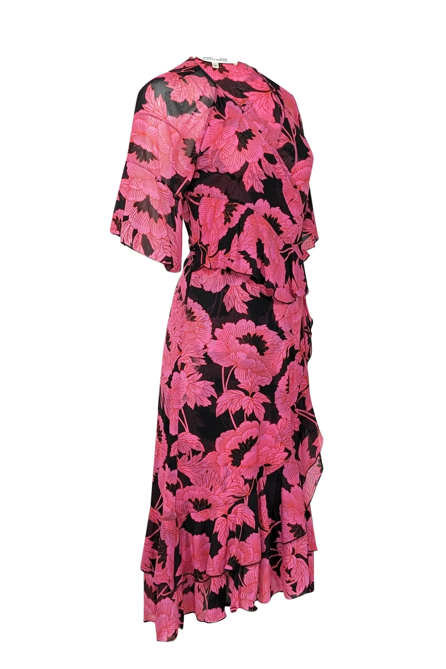 Diane von Furstenberg - Pink & Black Cropped Sleeve Floral Wrap Midi Dress Sz S