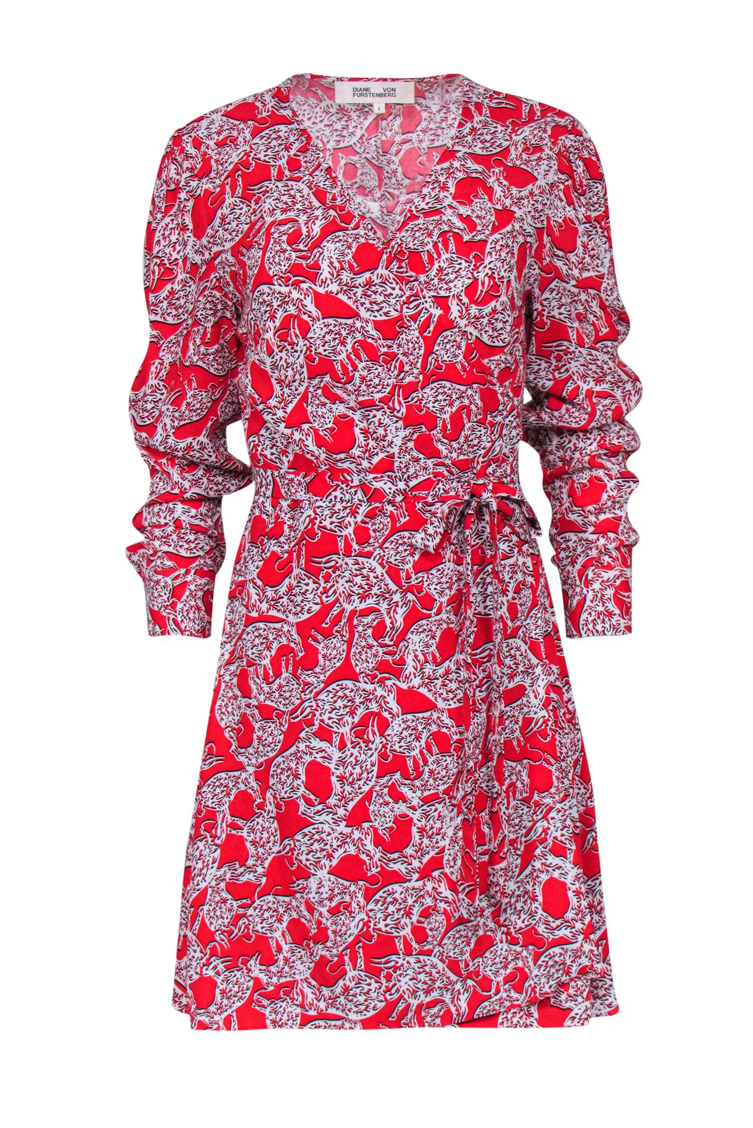 Diane von Furstenberg - Red Abstract Bull Print Long Sleeve Wrap Dress Sz S