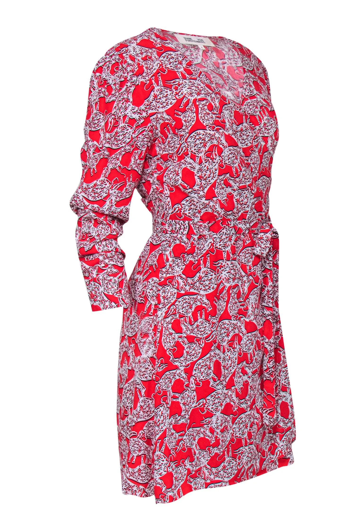 Diane von Furstenberg - Red Abstract Bull Print Long Sleeve Wrap Dress Sz S