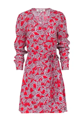 Diane von Furstenberg - Red Abstract Bull Print Long Sleeve Wrap Dress Sz S