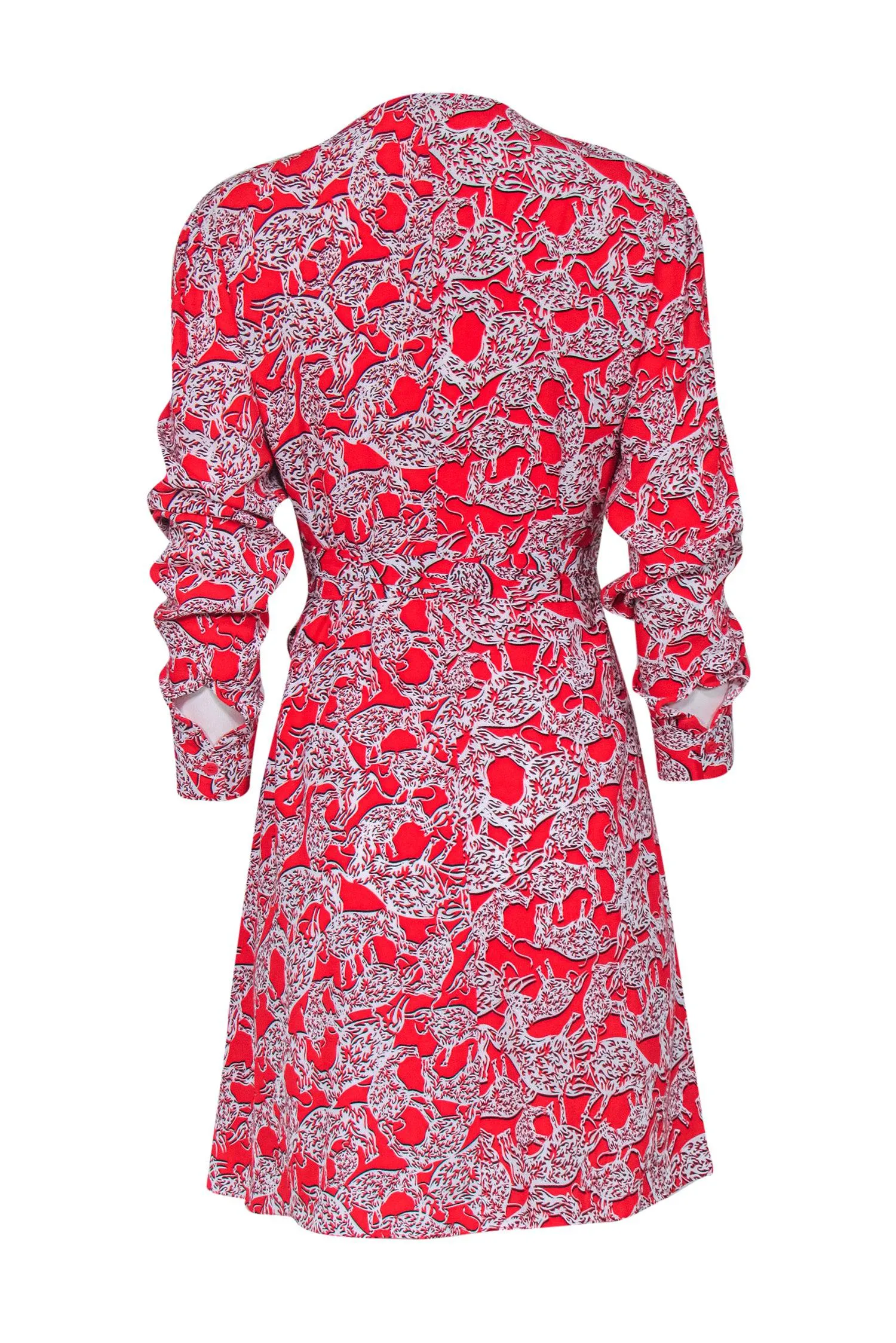 Diane von Furstenberg - Red Abstract Bull Print Long Sleeve Wrap Dress Sz S