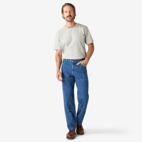 Dickies Men's Relaxed Fit Double Knee Jeans in Stonewashed Indigo Blue