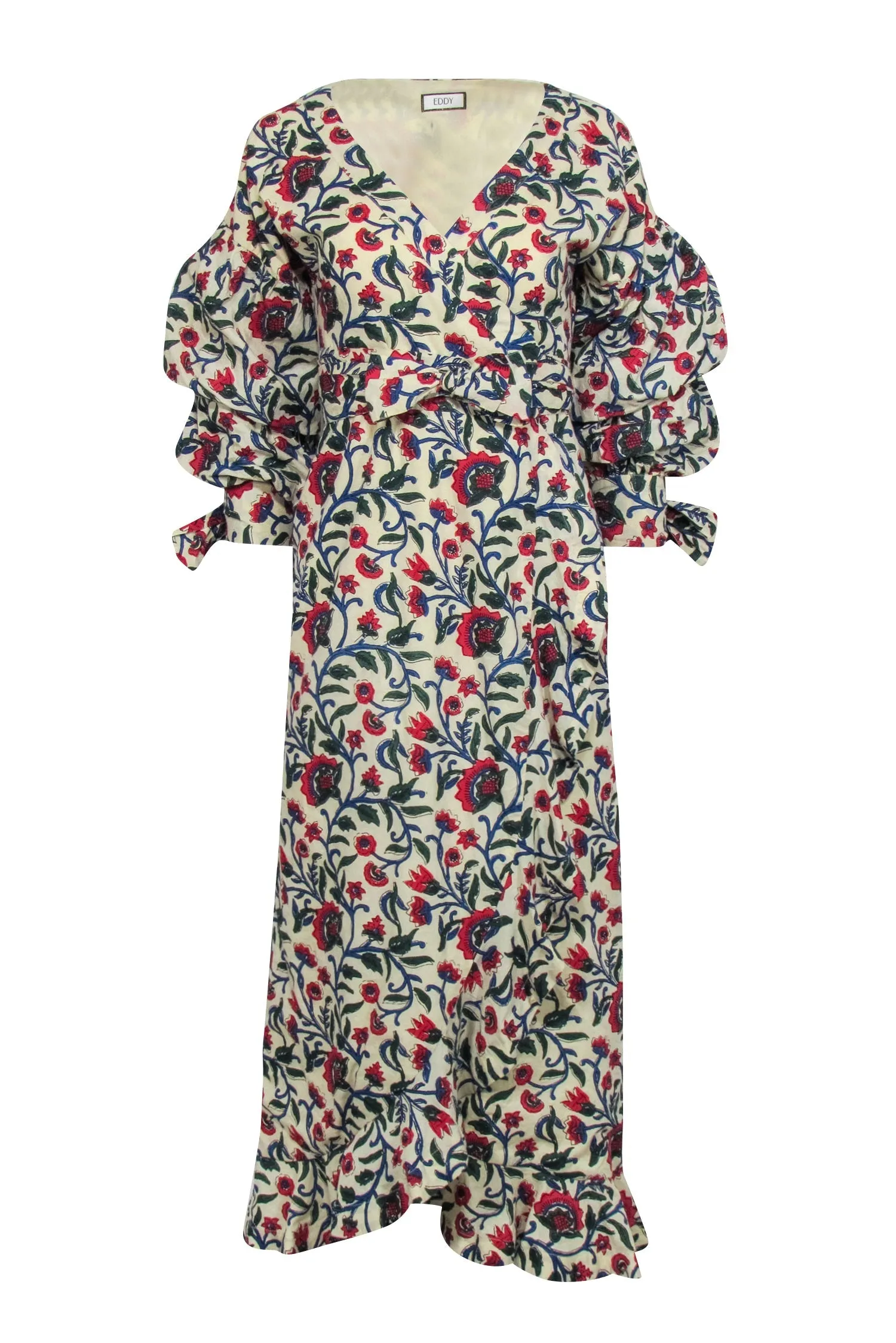 Eddy - Cream w/ Scarlet & Blue Floral Print Midi Wrap Dress Sz S