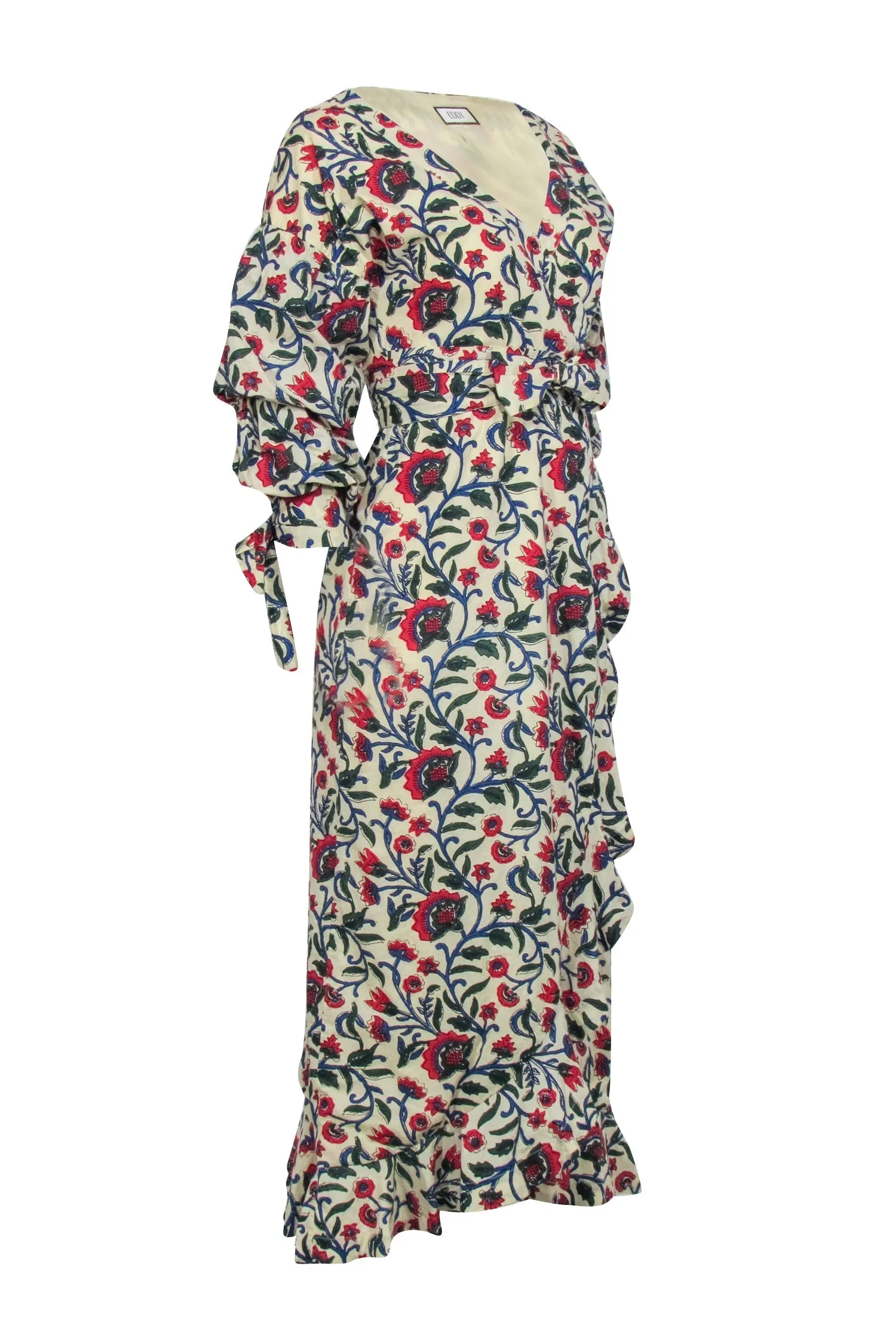 Eddy - Cream w/ Scarlet & Blue Floral Print Midi Wrap Dress Sz S