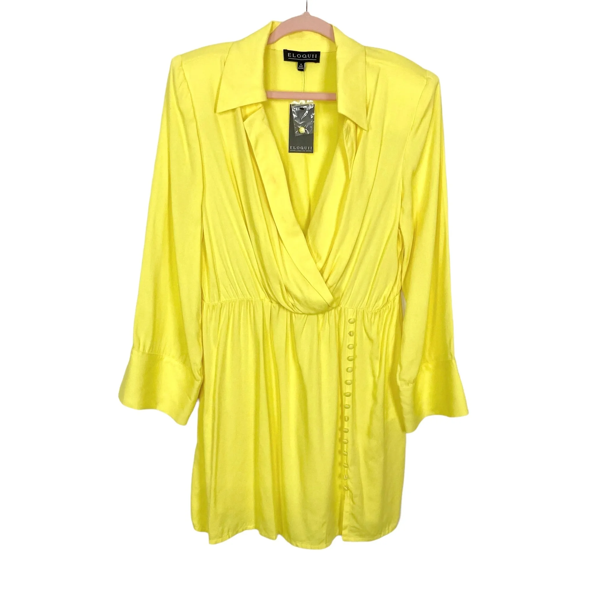 ELOQUII YELLOW FAUX WRAP WITH SHOULDER PADS AND BUTTON DETAIL COLLARED MINI DRESS NWT- SIZE 14 ( ONLINE, SEE NOTES)