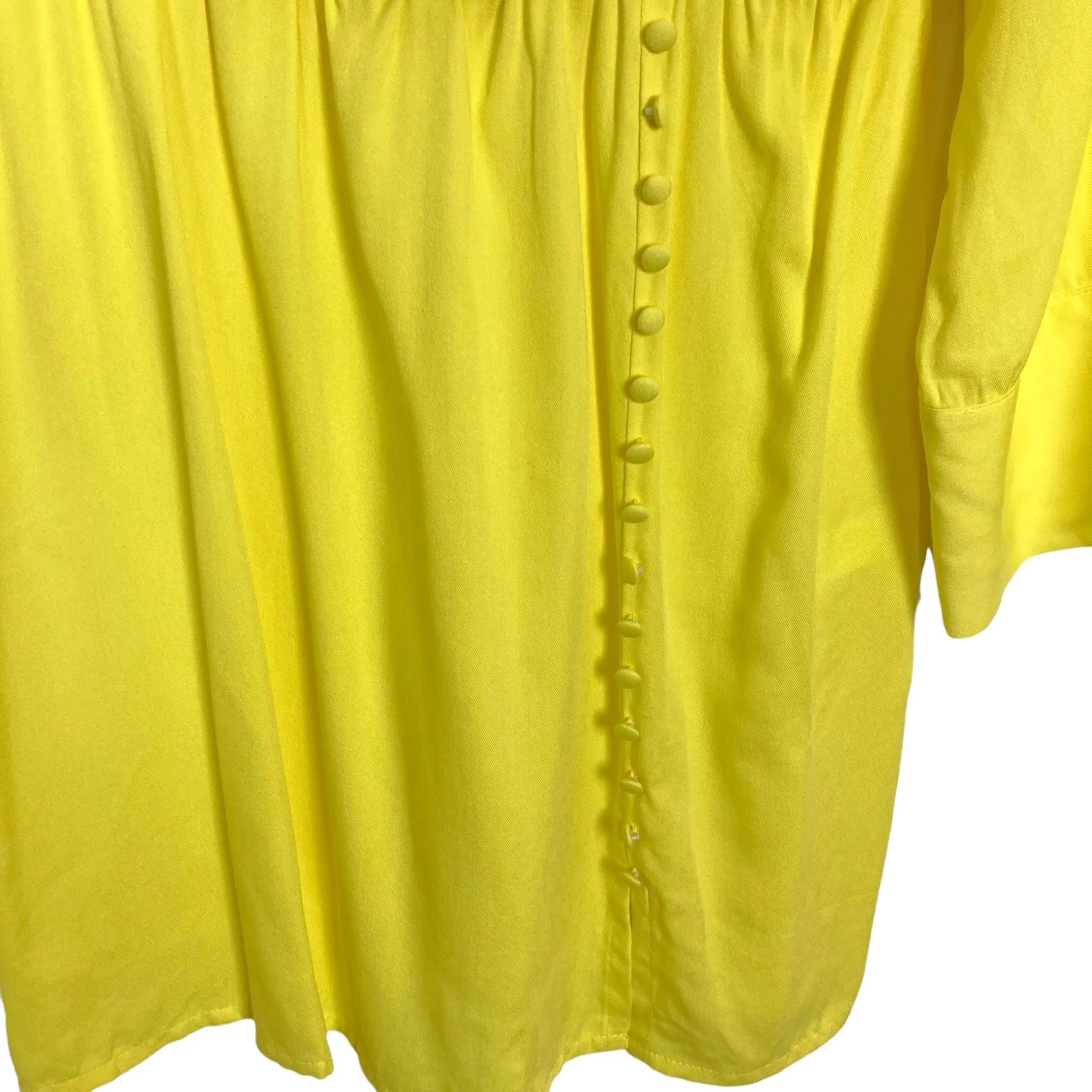 ELOQUII YELLOW FAUX WRAP WITH SHOULDER PADS AND BUTTON DETAIL COLLARED MINI DRESS NWT- SIZE 14 ( ONLINE, SEE NOTES)