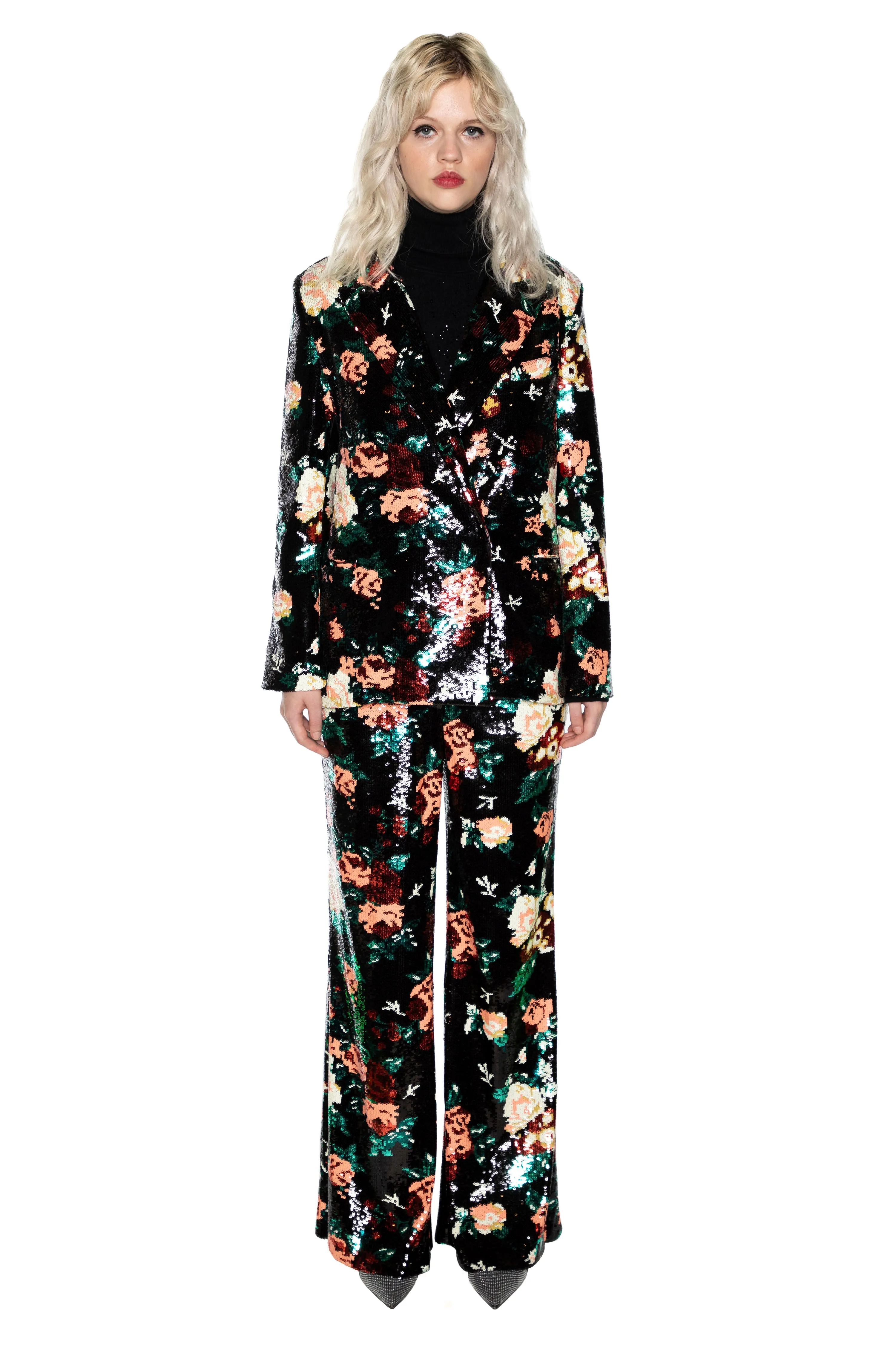 'EMMA BLACK SEQUIN FLORAL' WIDE LEG PANTS