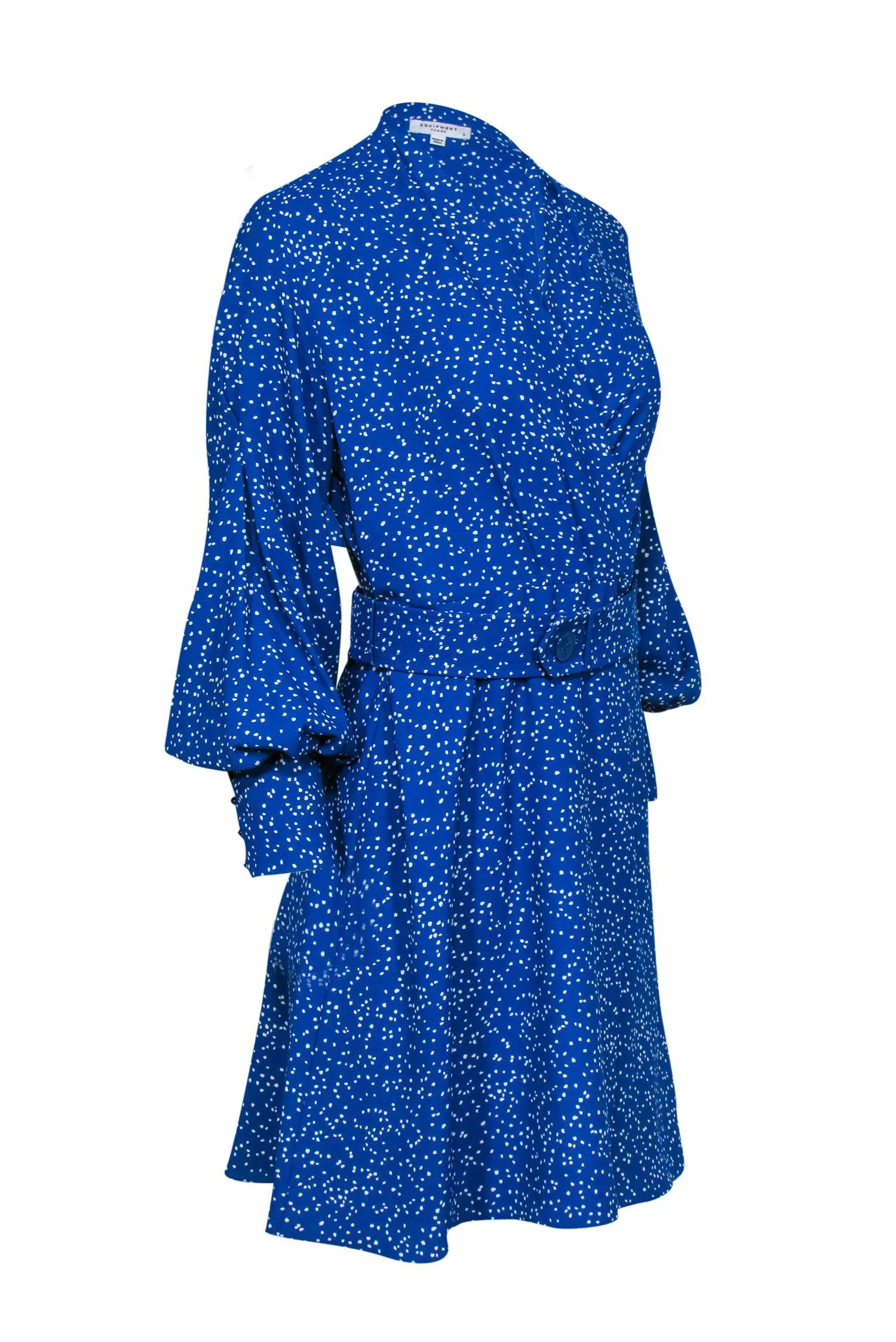 Equipment - Blue & White Spotted Long Sleeve Belted Wrap Dress Sz 6