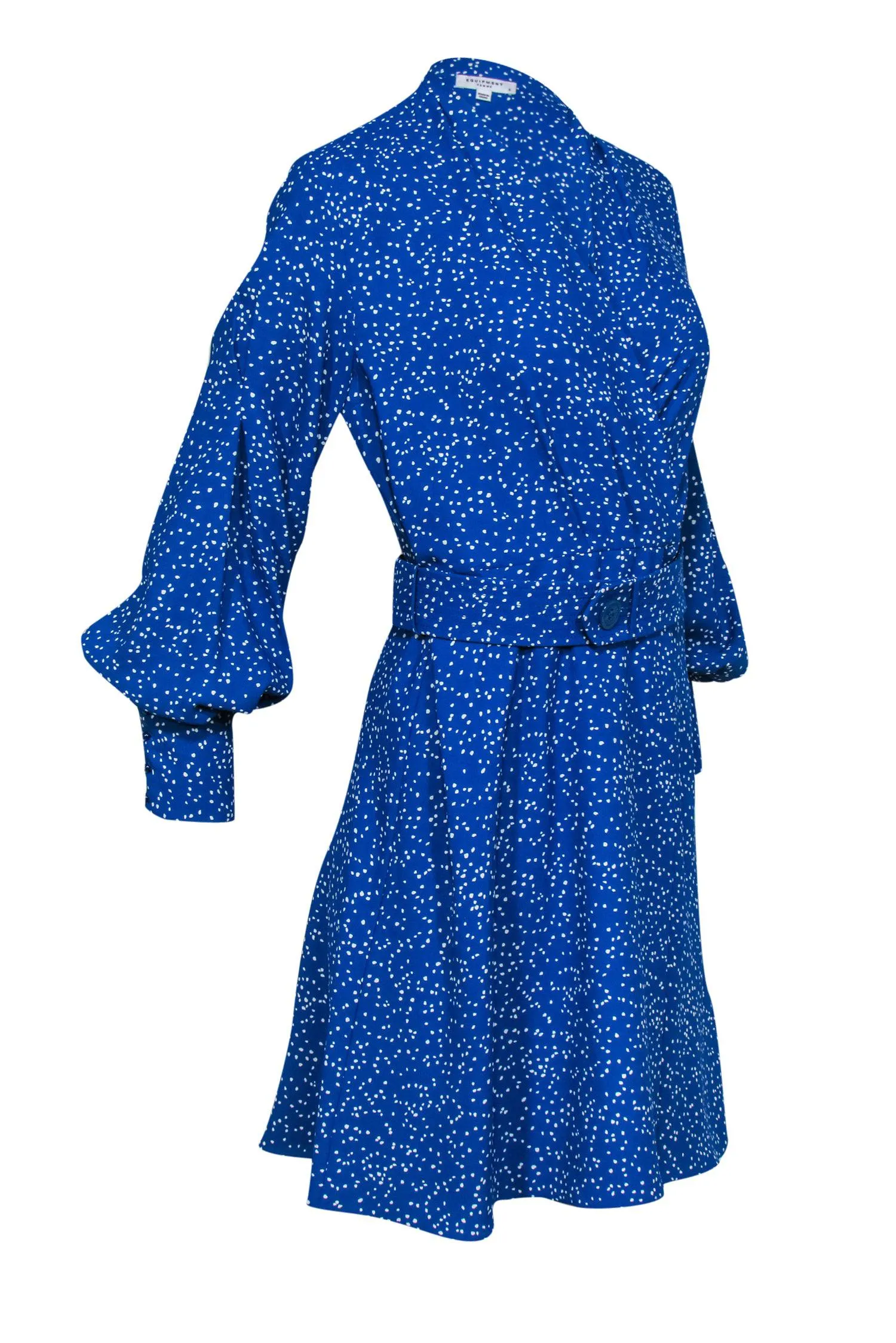 Equipment - Blue & White Spotted Long Sleeve Belted Wrap Dress Sz 6