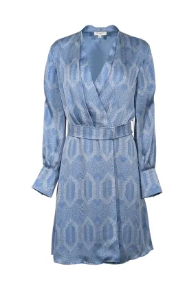 Equipment - Light Blue & White Printed Satin Wrap Dress w/ Belt Sz 6