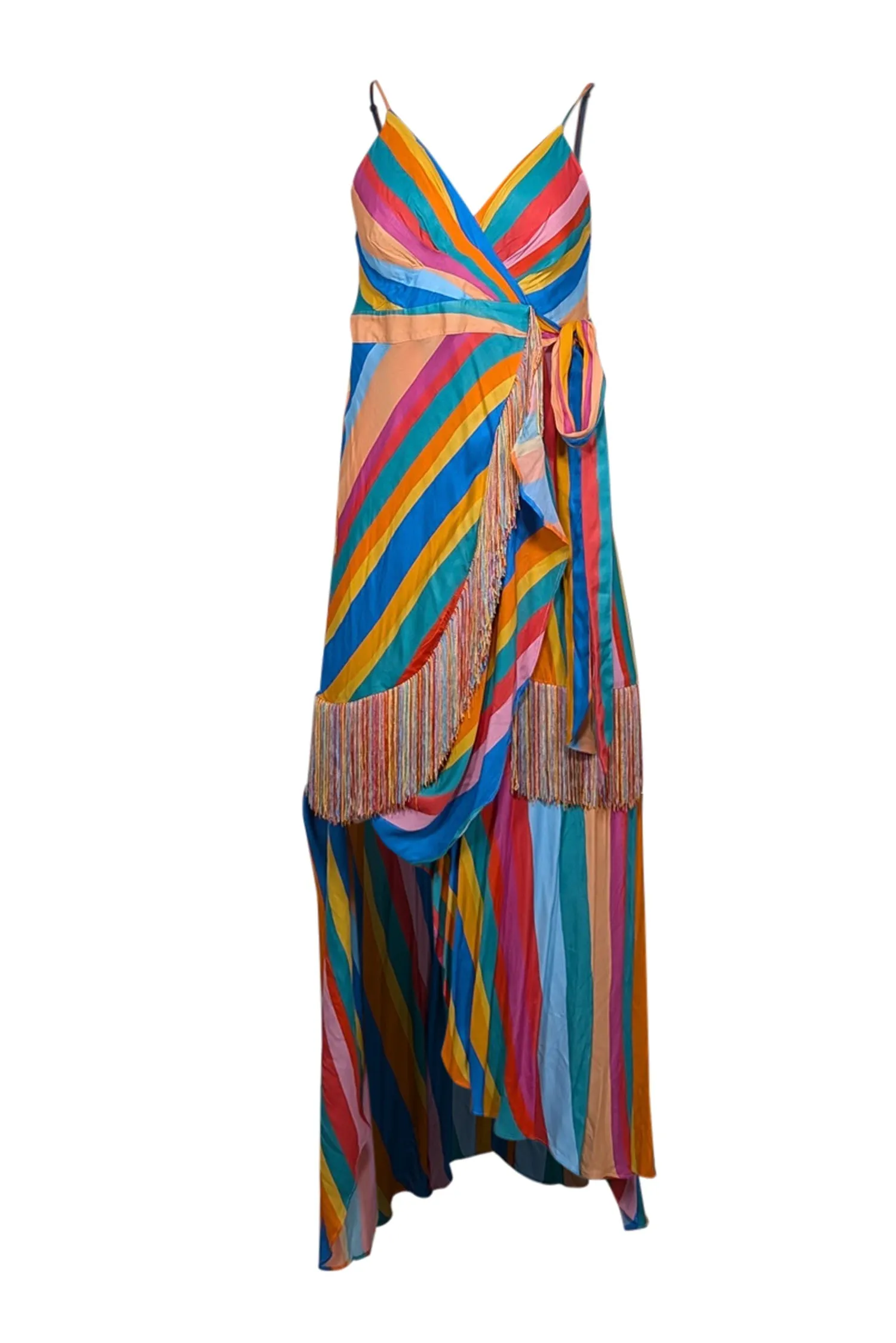 Farm Rio - Rainbow Striped Wrap Dress w/ Fringe Trim Sz S