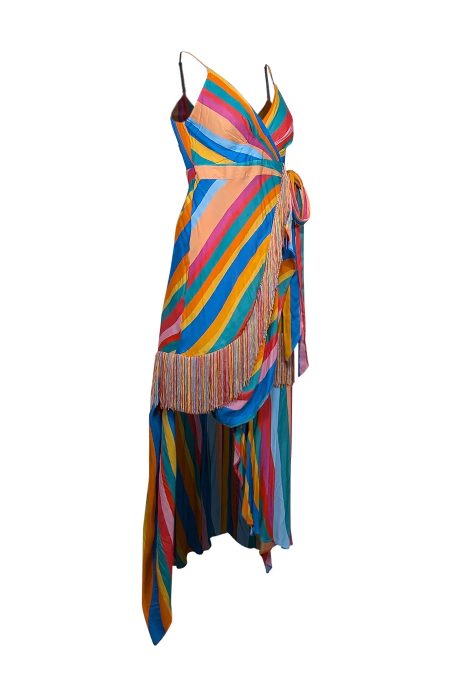 Farm Rio - Rainbow Striped Wrap Dress w/ Fringe Trim Sz S